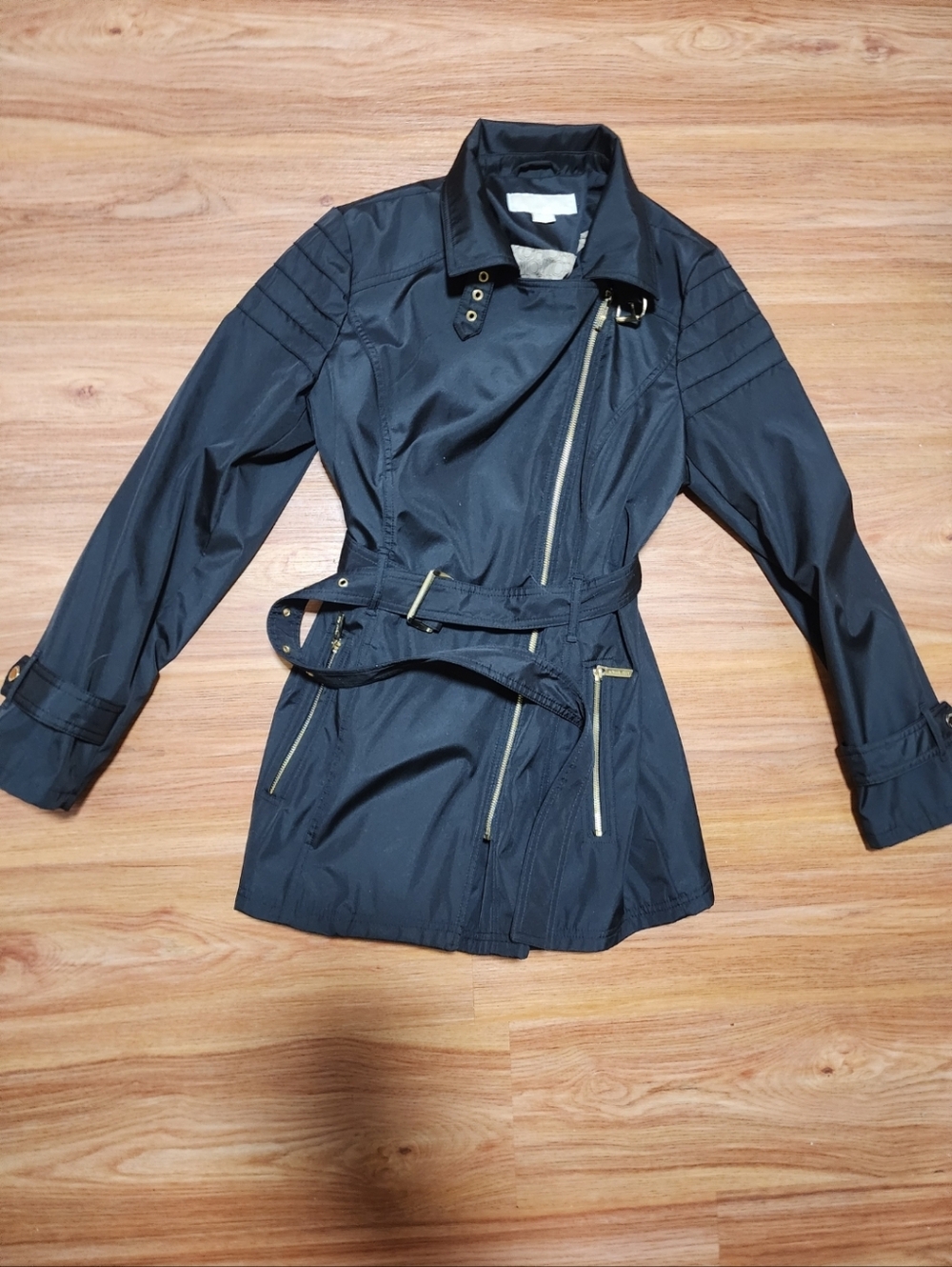 Women’s Black Belted Trench Coat with Gold Hardware